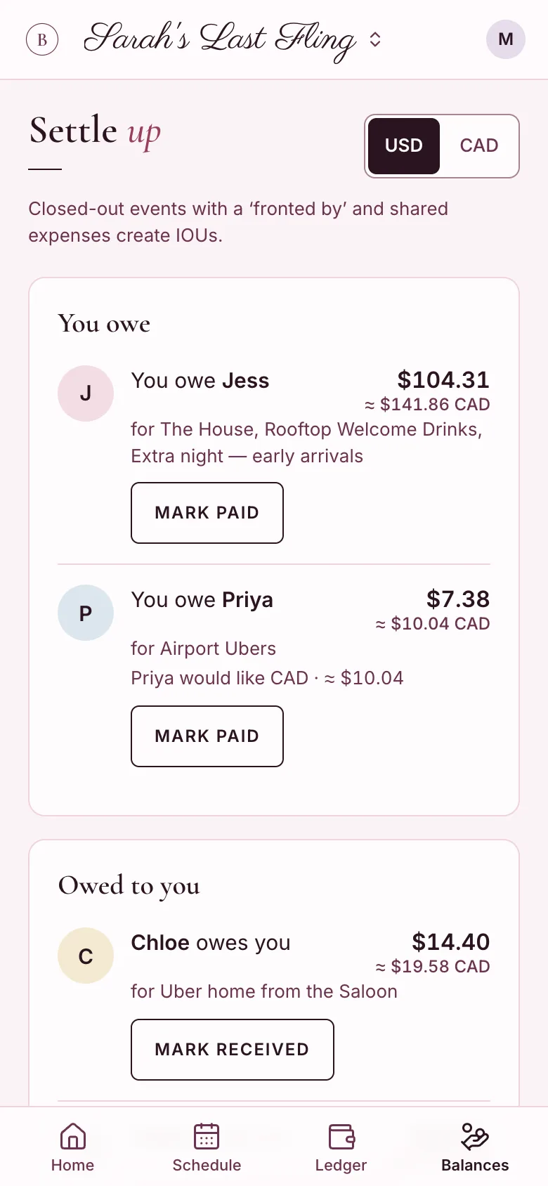 A settle-up screen listing what you owe Jess and Priya and what Chloe owes you, each with a mark paid button.
