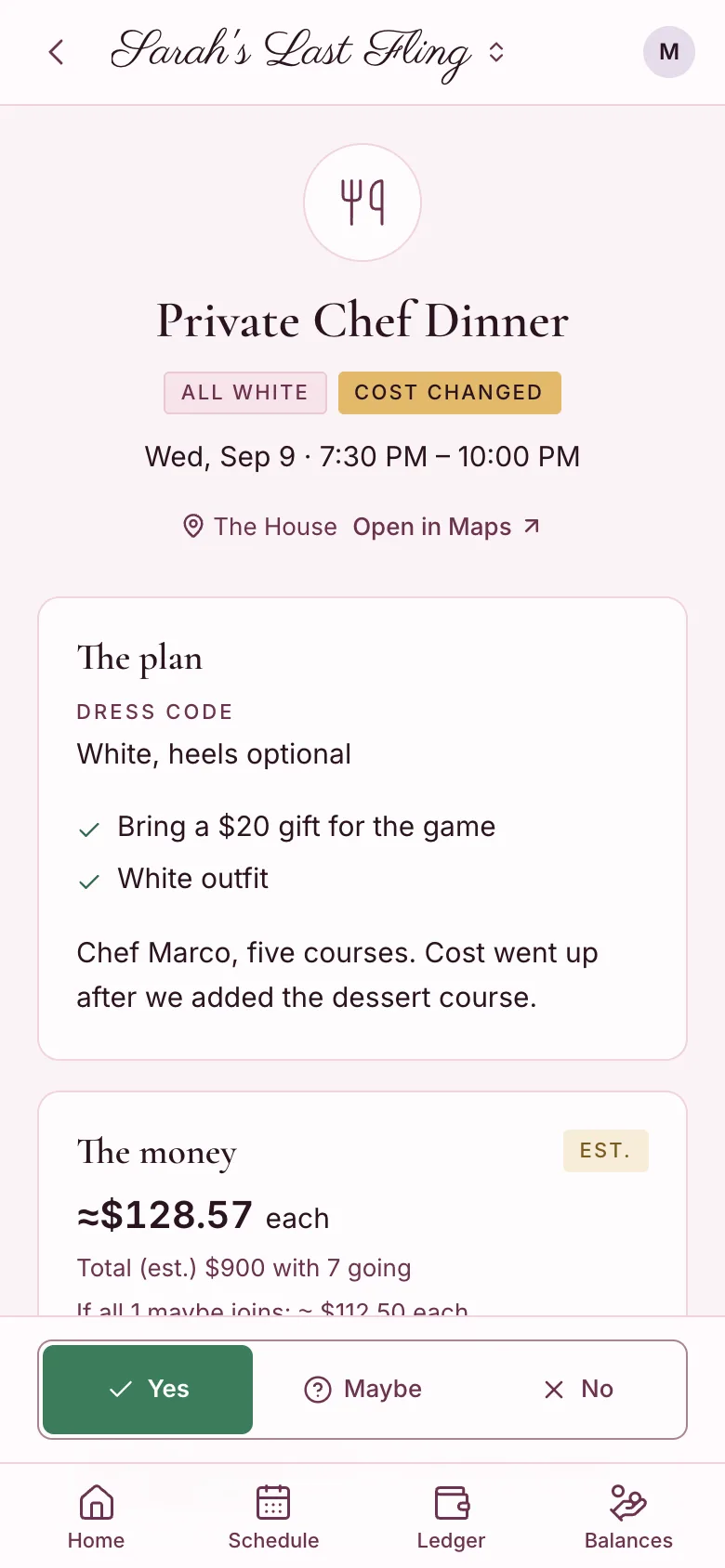 An event page for a private chef dinner showing the dress code, the plan, an estimated $128.57 each with seven going, and the RSVP buttons pinned to the bottom.